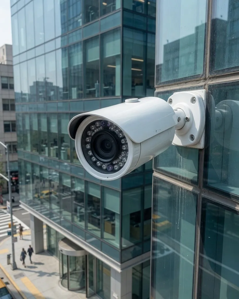 A bullet security camera on the corner of an office building