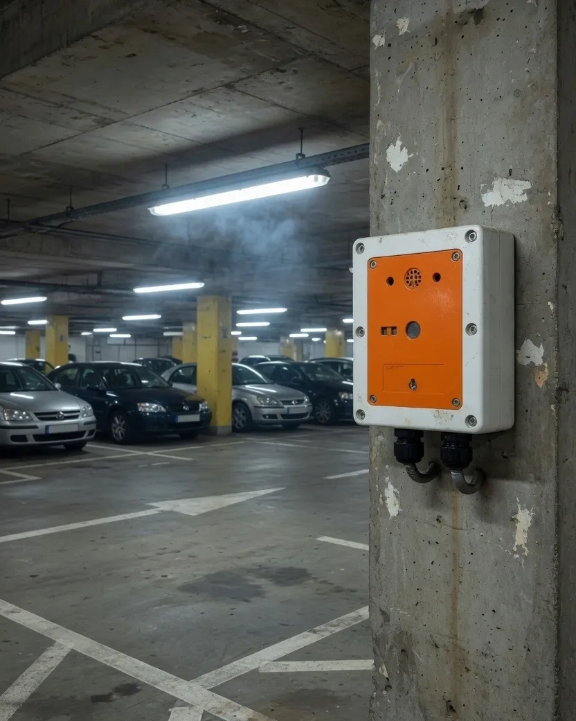 A carbon monoxide detector on a column in an underground car park