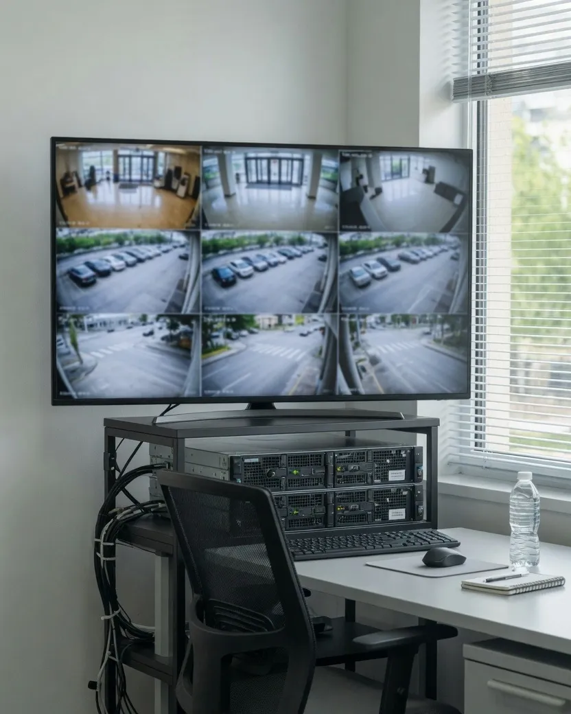 A control room with video analytics monitors and server racks