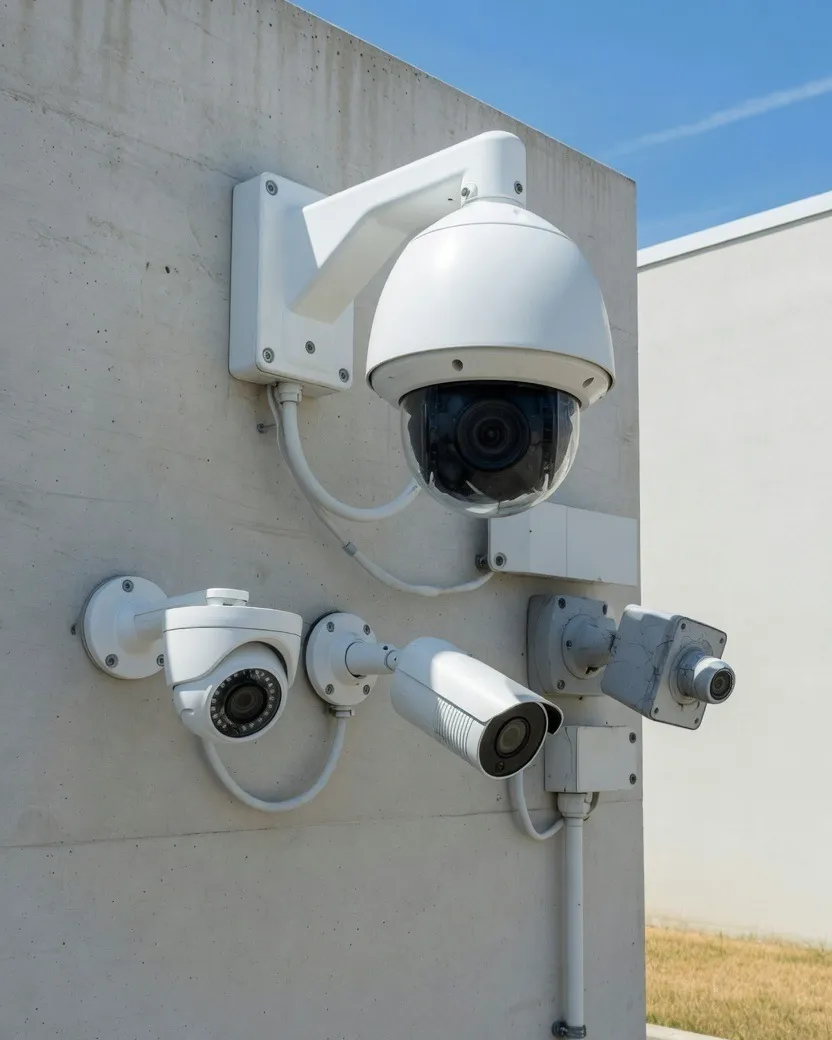 PTZ, dome, bullet and box cameras mounted on an exterior wall