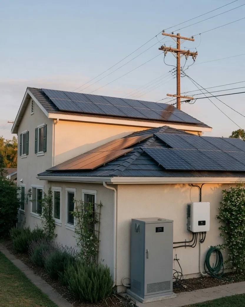 A house with rooftop solar panels, a battery cabinet and an inverter