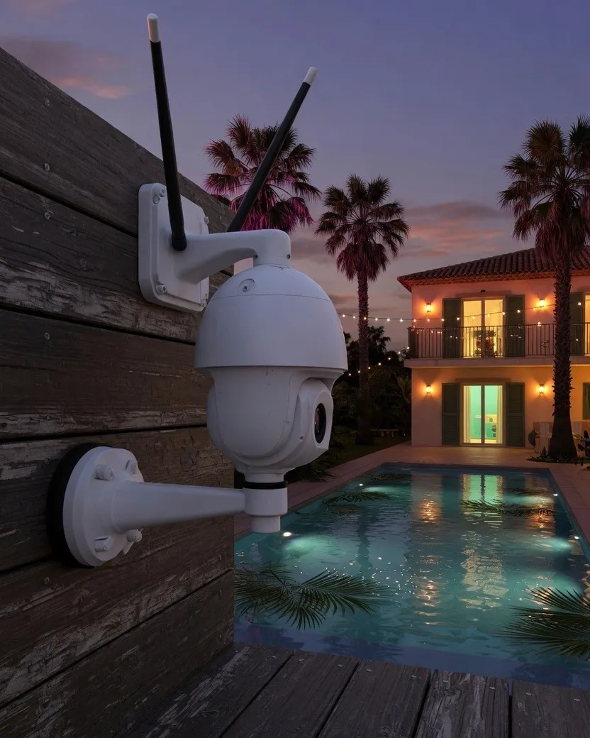 A pan-tilt camera mounted on the wall of a villa