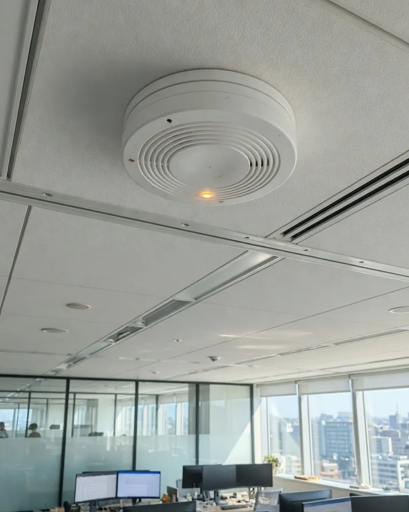 White standalone smoke detector in a modern office