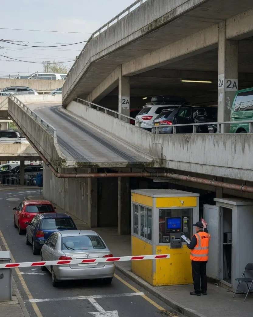 Cars waiting at a car park barrier with an attendant