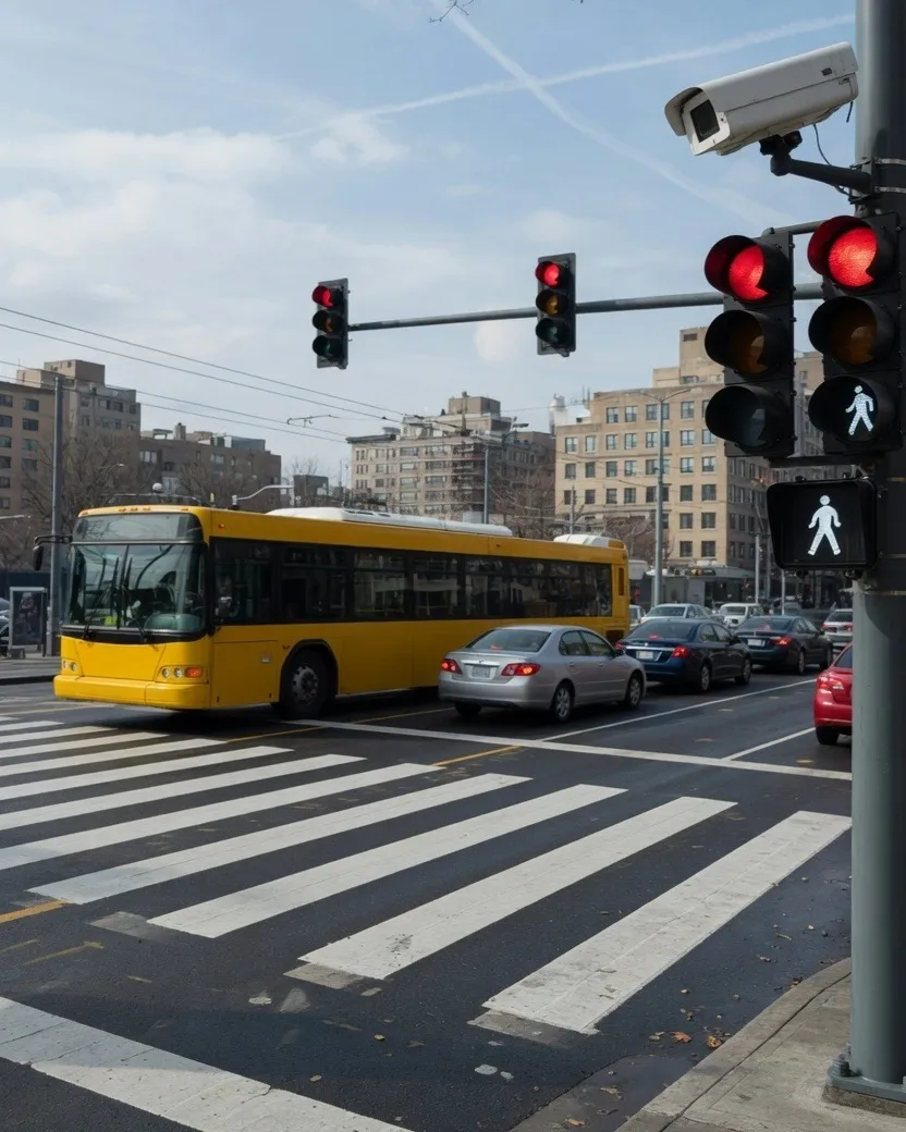 A pedestrian crossing with traffic signals, a camera and a bus