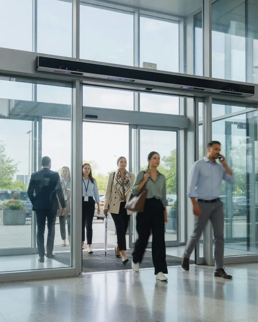 People walking through an entrance under an overhead head-count sensor