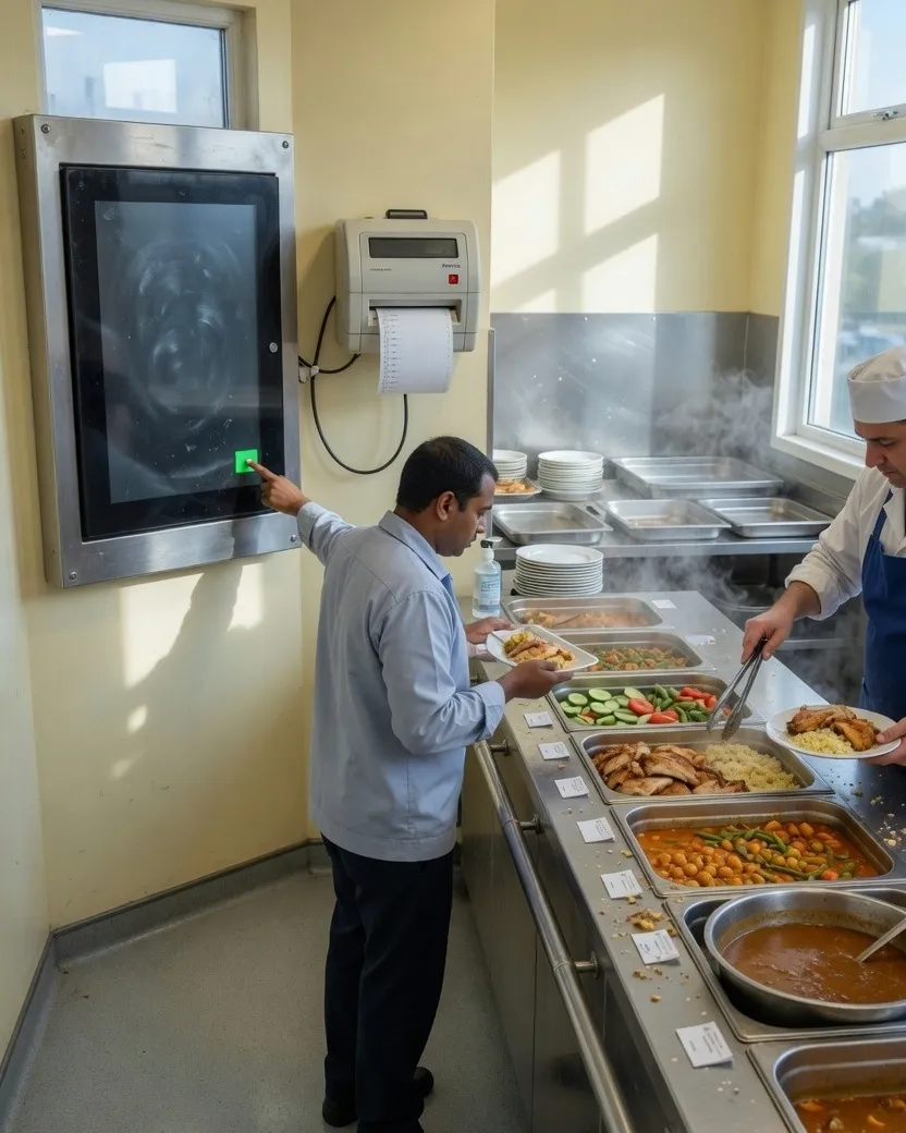 A canteen counter with a wall touchscreen and a token printer