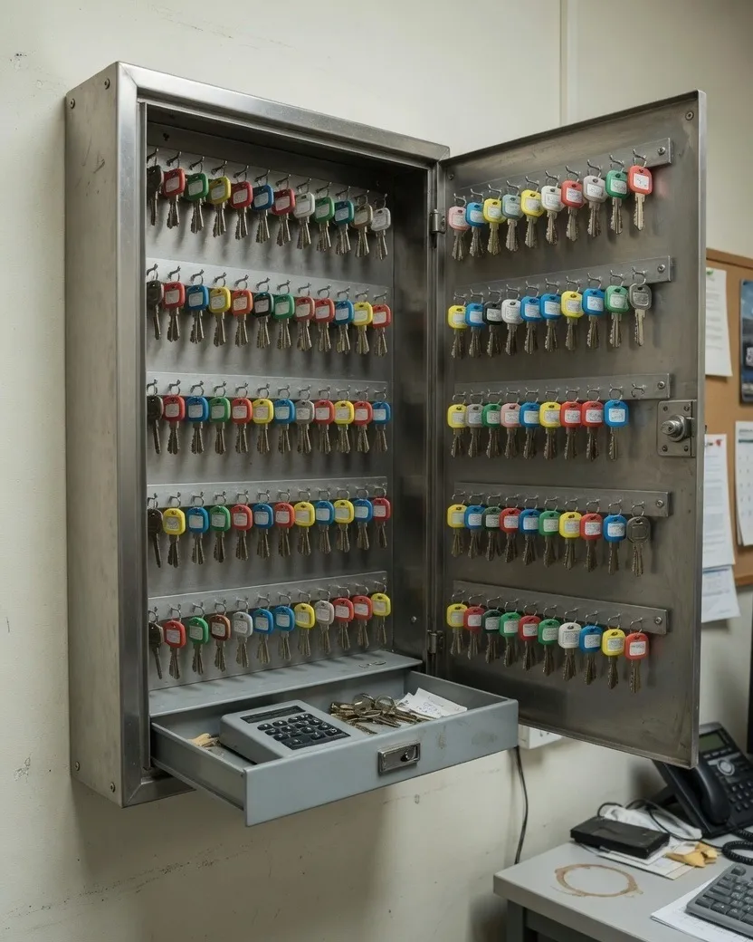 Wall-mounted key cabinet with rows of keys and a keypad