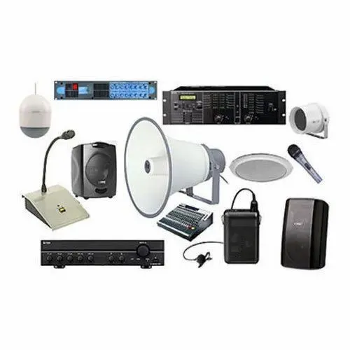 Public address equipment: amplifiers, horns, speakers and microphones