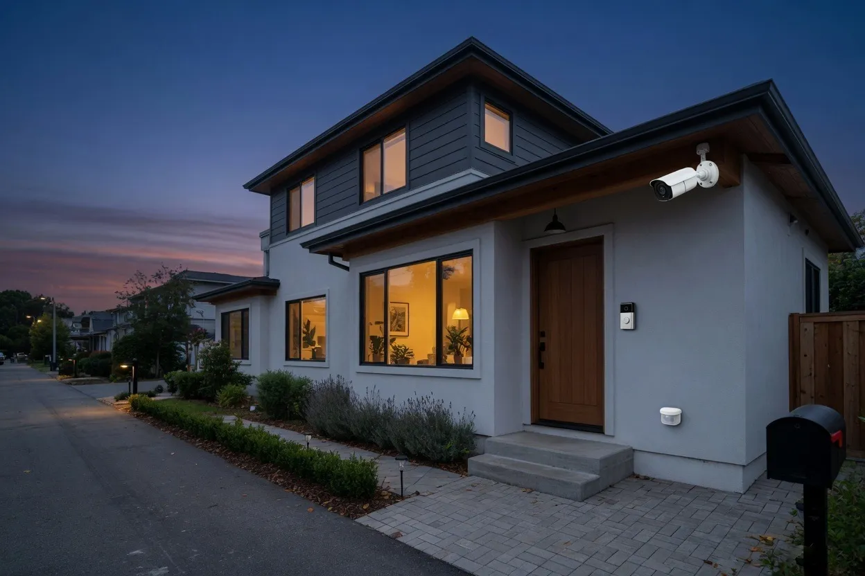 A house at dusk with a security camera, video doorbell and motion sensor